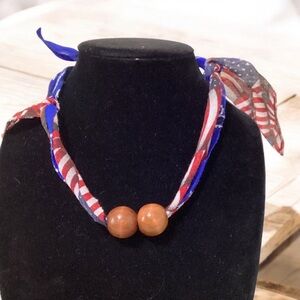 (#135) Patriotic Bandanna Necklace with Wooden Beads
